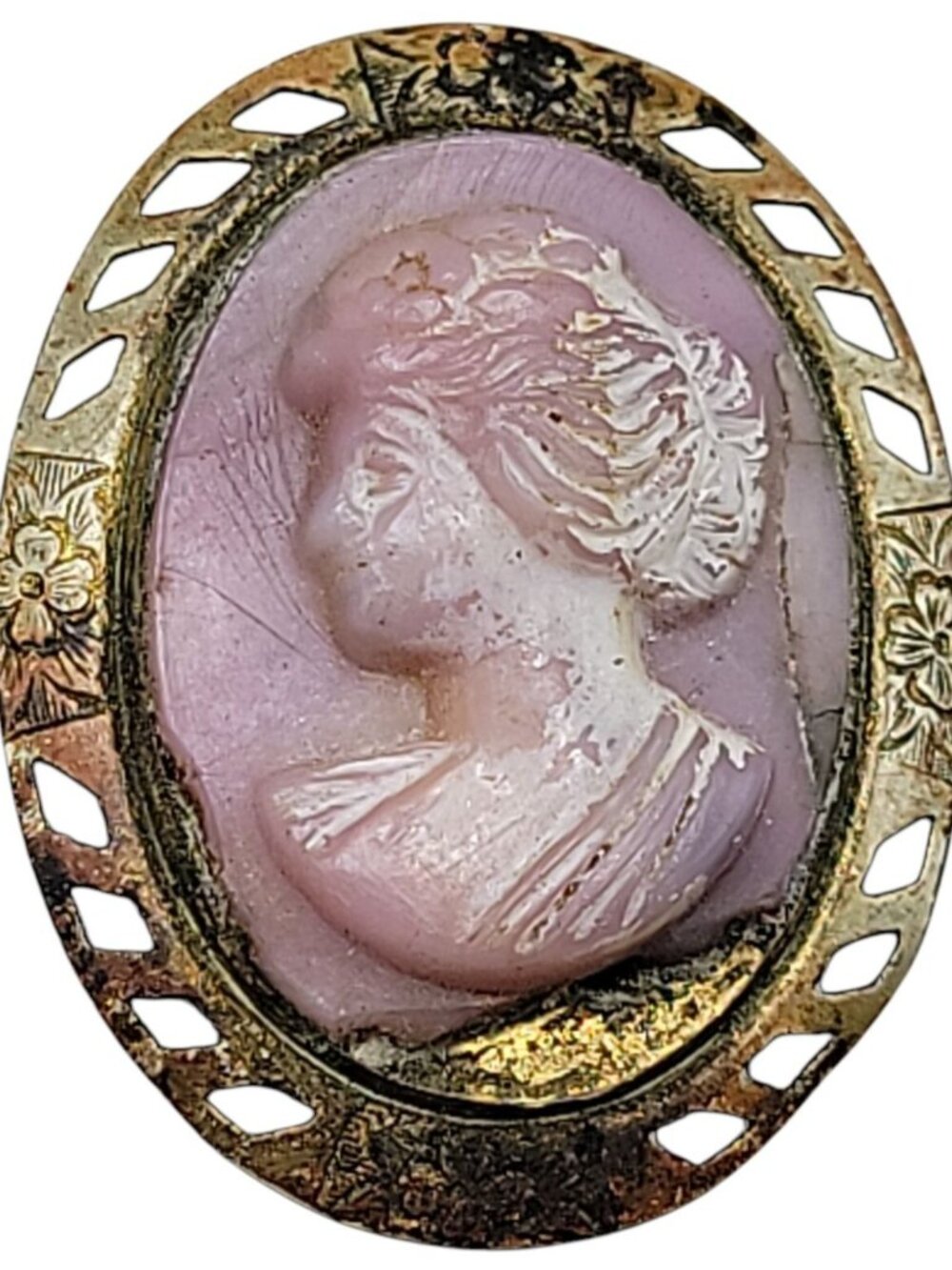 Antique Pink Molded Glass Cameo Brooch Lady Flowers Gold Tone Frame Needs TLC